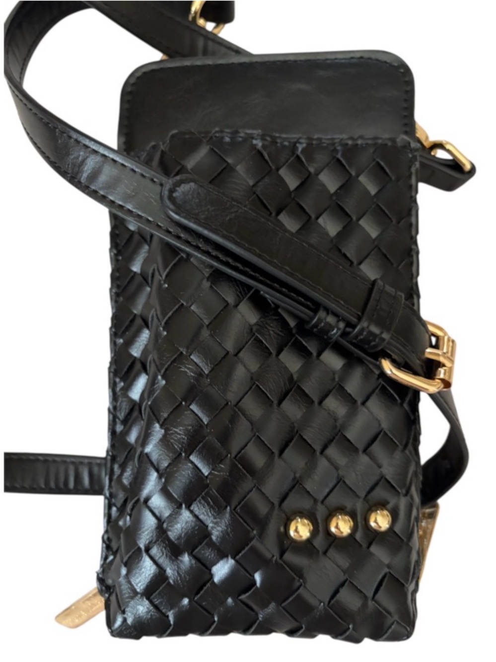 Black Woven Leather Crossbody Phone Bag - Gold Hardware